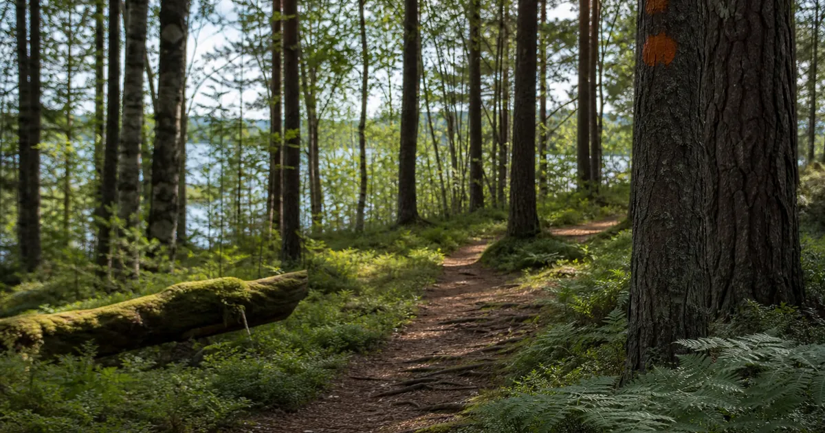 Markerad vandringsled genom svensk björkskog en försommarmorgon