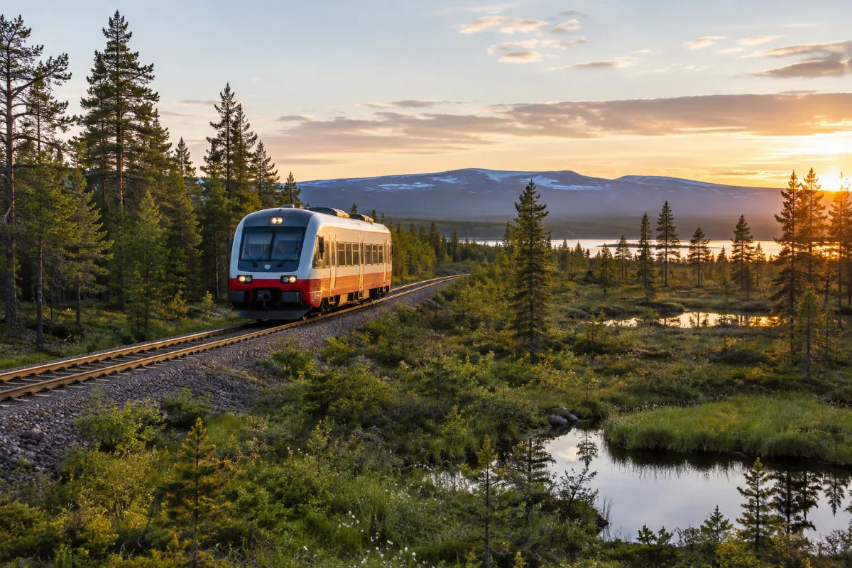 Inlandsbanans tåg kör genom tallskog och myrmark i Lappland