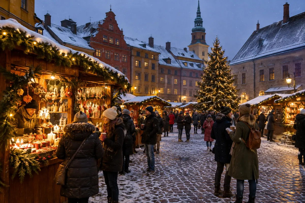 Träbodar med ljusslingor och besökare med glöggmuggar på ett kullerstenstorg en decemberkväll