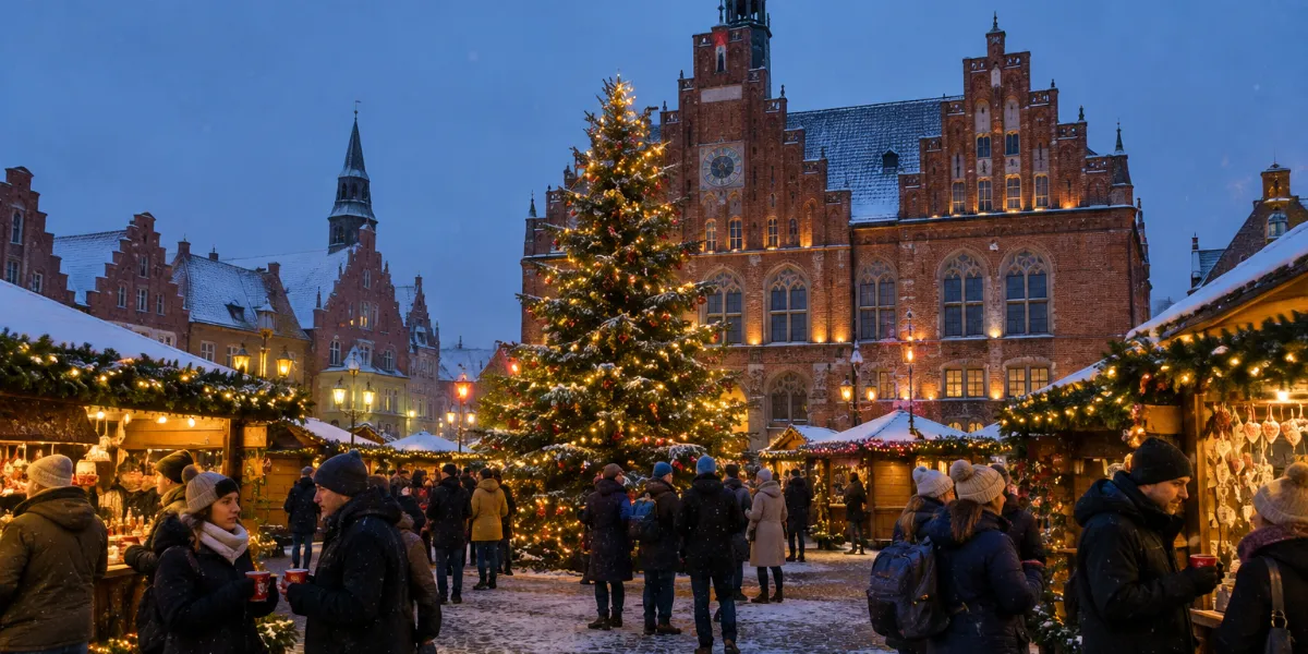 Julmarknad med upplysta träbodar och en stor julgran framför ett gammalt rådhus i decemberskymningen