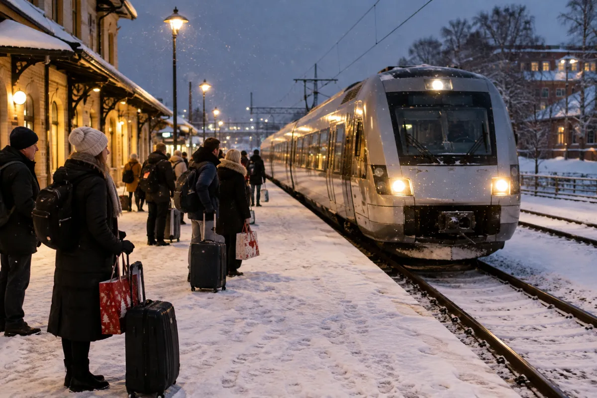 Resenärer med resväskor väntar på en snöig perrong när ett tåg rullar in en decemberkväll