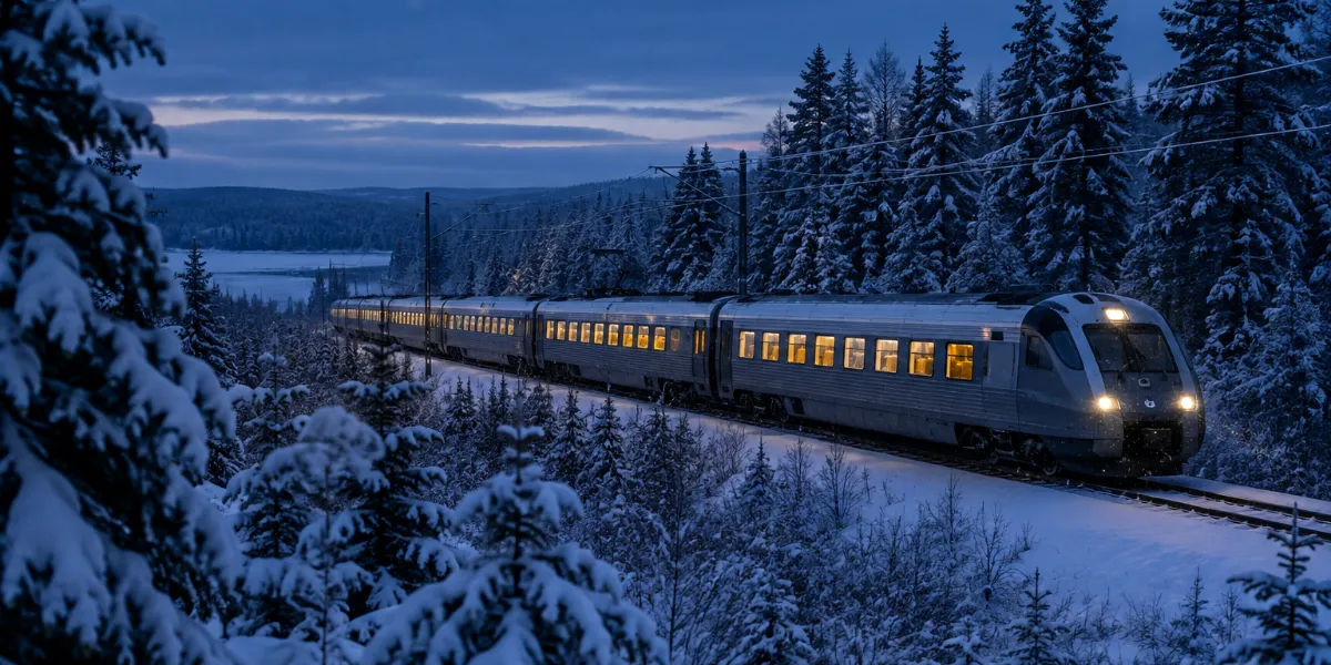 Ett passagerartåg med tända fönster kör genom en snötäckt granskog i decemberskymningen