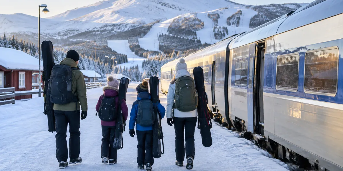 Familj med skidor på en snötäckt tågstation i fjällen med ett persontåg och skidbackar i bakgrunden