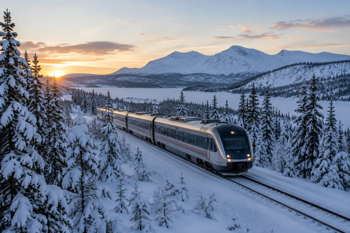 Persontåg genom ett snötäckt fjällandskap i Jämtland i gryningsljus