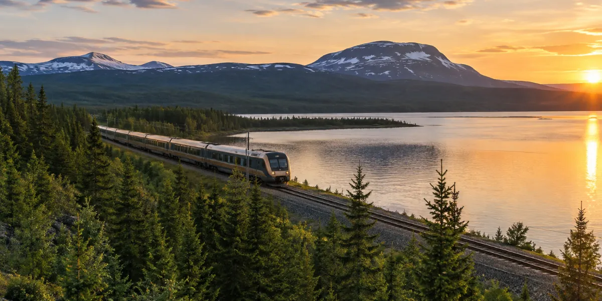 Persontåg längs en sjö genom granskog med fjäll i bakgrunden en sommarkväll i Norrland